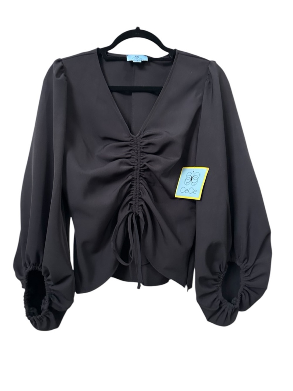CeCe Black Ruched V-Neck Balloon Sleeve Blouse